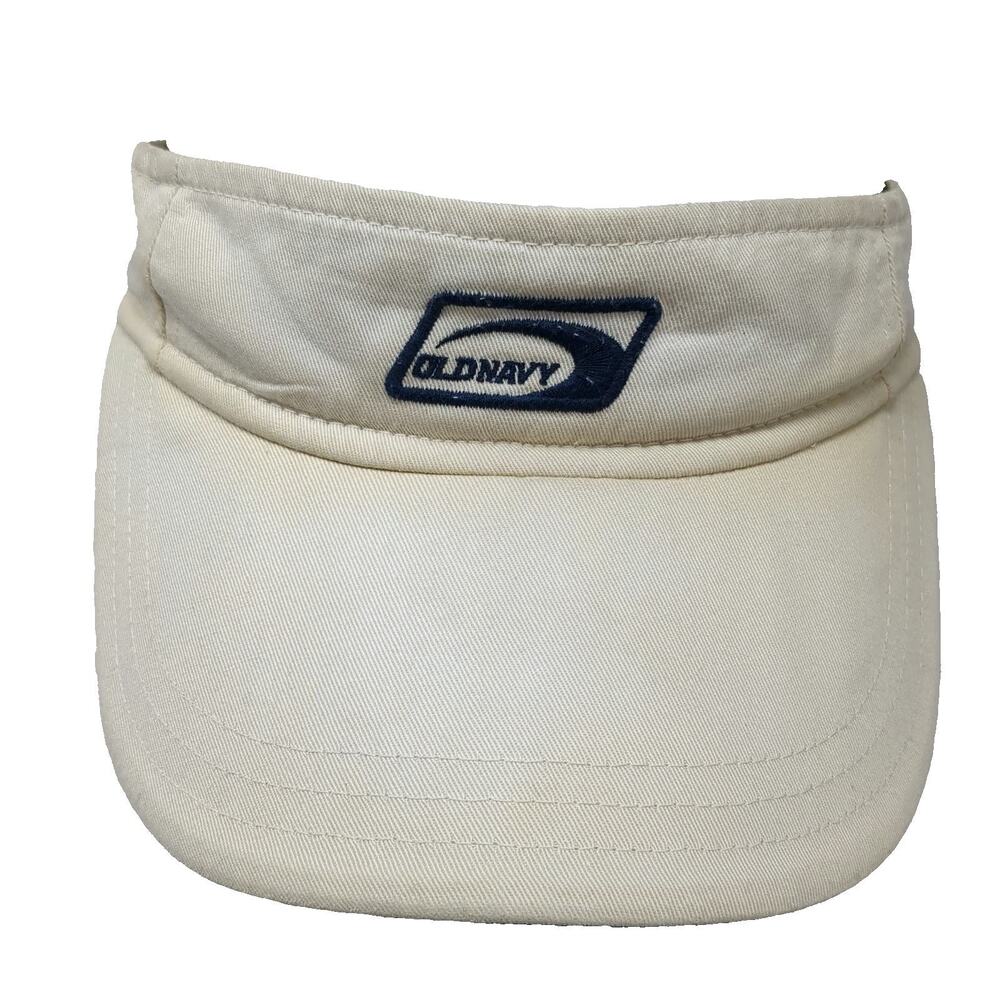 Old Navy Visor Beige One Size Strapback Cotton Embroidered Logo Blue Trim Hat